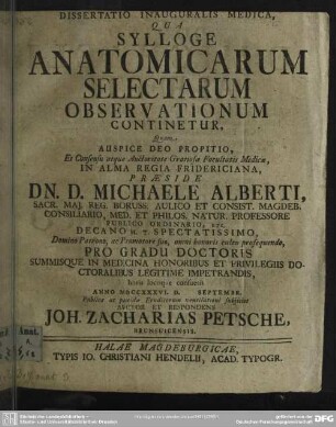 Dissertatio Inauguralis Medica, Qua Sylloge Anatomicarum Selectarum Observationum Continetur