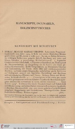 Manuscripte, Incunabeln, Holzschnittbücher (Nr. 1 - 30)