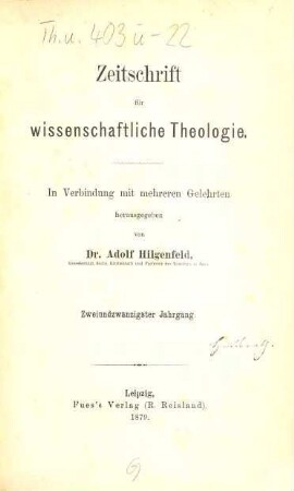 Zeitschrift für wissenschaftliche Theologie. 22. 1879