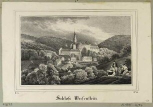 Schloss Weesenstein im Müglitztal (Müglitztal-Weesenstein) südöstlich von Dresden, Blick von einer Anhöhe Abendfrieden nach Süden, aus der Zeitschrift Saxonia um 1840