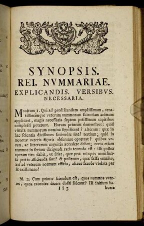Synopsis. Rei. Nvmmariae. Explicandis. Versibvs. Necessaria.