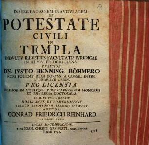 Dissertationem Inavgvralem De Potestate Civili In Templa