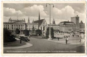 Reichsmessestadt Leipzig : Augustusplatz m. Universität, Paulinerkirche, Mendebrunnen u. Hochhaus