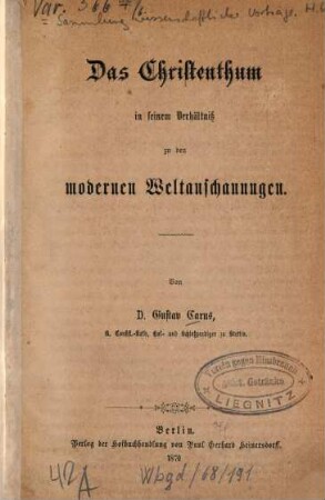 Das Christenthum in seinem Verhältniss zu den modernen Weltanschauungen