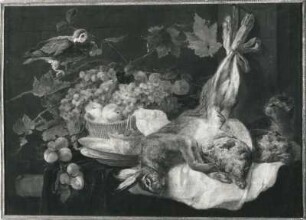 Hase, Früchte und Papagei : Fyt, Jan: Hase, Früchte und Papagei. Öl/Leinwand; 70,5 x 97 cm. 1647. Sankt Petersburg: Ermitage 619