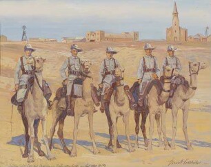 Deutsche Schutztruppe auf Kamelen vor Keetmannshoop. Deutsch-Südwestafrika