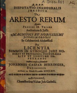 Disputatio inauguralis iuridica de aresto rerum