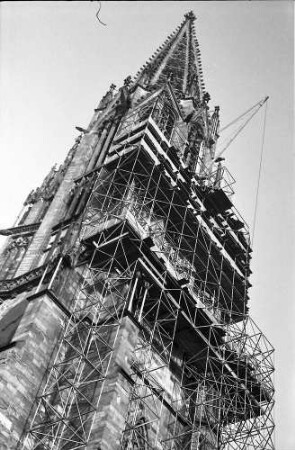 Freiburg: Münsterturm im Gerüst, von Südwesten