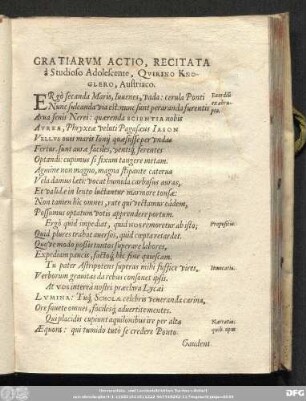 Gratiarum Actio, Recitata à Studioso Adolescente, Quirino Knoglero, Austriaco.