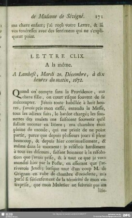 Lettre CLIX. A la même. A Lambest, Mardi 20. Décembre, à dix heures du matin, 1672