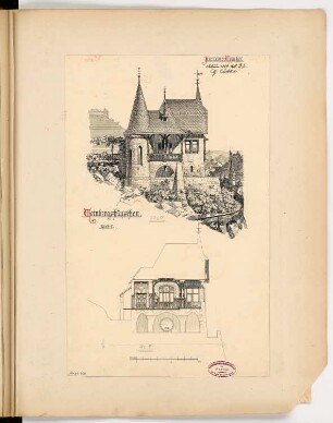 Weinberghäuschen an der Mosel Monatskonkurrenz Februar 1889: Aufriss Seitenansicht, Längsschnitt; Maßstabsleiste