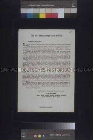 Handzettel: An die Bürgerwehr von Berlin. Aufruf des Bürgerwehr-Artillerie-Vereins; Berlin, 30. Oktober 1848