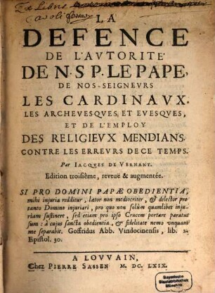 La défense de l'autorité de N. S. le pape