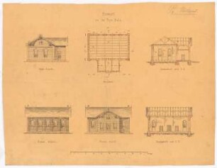 Seminargebäude, Preußisch Holland: Turnhalle: Grundriss, Aufriss Vorderseite, Seitenfassade, Rückfassade, Schnitt AB, Schnitt CD