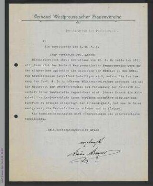 Antwortschreiben von Marie Wegner auf Rundschreiben von Helene Lange vom 25. November