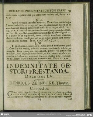 De Indemnitate Gestori Praestanda, Discursus LV. Defendens Henricus Zernecke, Thorun.