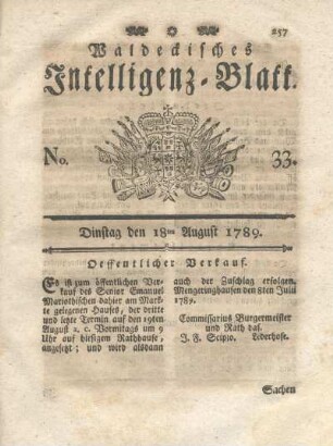 No. 33, Dinstag den 18ten August 1789