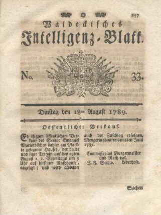 No. 33, Dinstag den 18ten August 1789