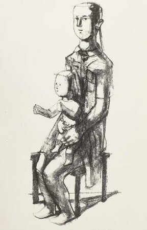 Sitzendes Mädchen mit Puppe nach links