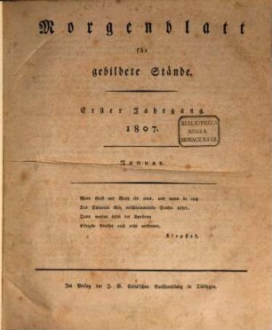 Morgenblatt für gebildete Stände. 1,1. 1807