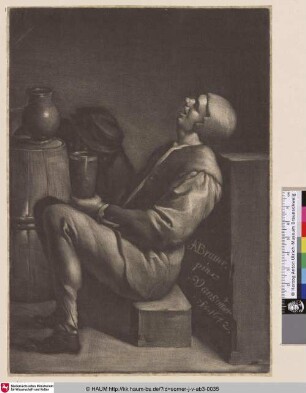 [Der schlafende Trinker; Sleeping ma seated on a wooden block]
