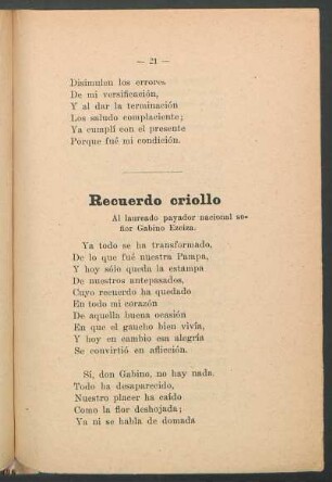 Recuerdo criollo : Al laureado payador nacional señor Gabino Ezeiza
