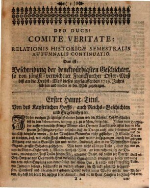 Relationis historicae semestralis continuatio : Jacobi Franci historische Beschreibung der denckwürdigsten Geschichten ..., 1729