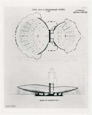 Palast der Sowjets. Zweiter Durchgang (offen), 1931 Grundriss der Säle und Schnitt