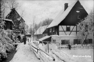 Am Mühlgraben der Richter-Mühle : Gebäudeangaben Gegenwart - v. li.: Kellerhaus zu Hauptstr. 46, Schulweg 21, Hauptstr. 44, Hauptstr. 46