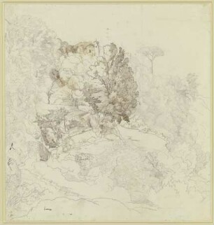 Italienische Landschaft mit einem Kloster auf einem Berg über einem bewaldeten Hang (oberhalb des Nemi-Sees?)