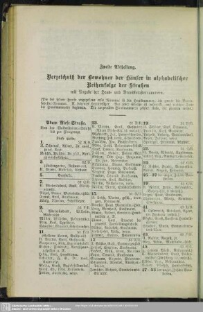 Zweite Abtheilung. Häuserbuch : Zweite Abtheilung Verzeichniß der Bewohner der Bewohner der Häuser in alphabetischer Reihenfolge der Straßen