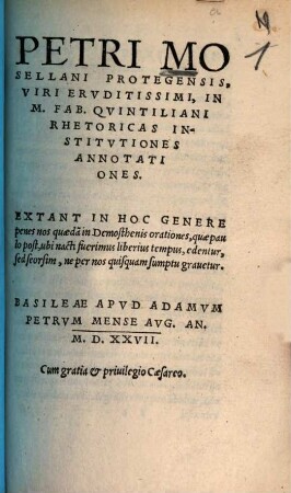 Petri Mosellani ... In M. Fab. Quintiliani Rhetoricas Institutiones annotationes