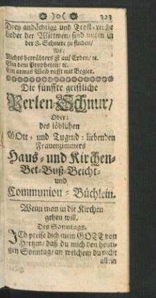Die fünffte geistliche Perlen-Schnur/ Oder: des löblichen GOtt- und Tugend-liebenden Frauenzimmers ...