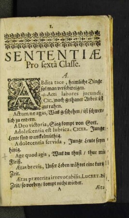 Sententiae Pro sextâ Classe.