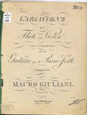 Variations pour flûte ou violon avec accompagnement de la guitarre ou de piano-forte : oeuvre 84