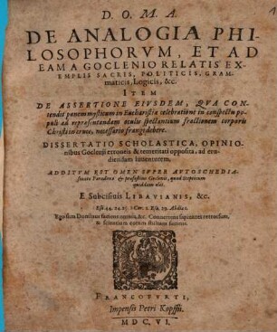 De analogia philosophorum, et ad eam a Goclenio relatis exemplis sacris