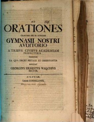 Ad orationes crastino die in supremo gymnasii nostri auditorio a tribus civibus academiam profecturis habendas ea qua decet pietate et observantia invitat Georgius Ernestus Walchius : [praefatus de homonymia vocis sapientiae]