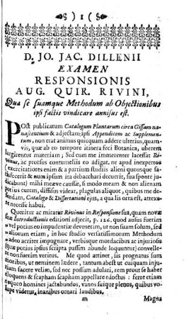 D. JO. JAC. DILLENII EXAMEN RESPONSIONIS AUG. QUIR. RIVINI.
