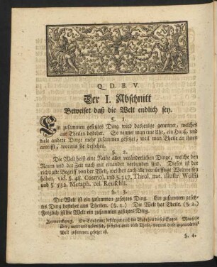 Der I. Abschnitt Beweiset daß die Welt endlich sey