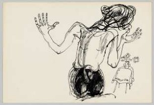 [Sitzende Figur mit Tisch und Vase]