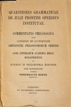 Quaestiones grammaticae de Julii Frontini operibus institutae : Inaug.-Diss.-Münster