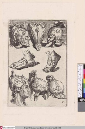 [Ein behelmter Kopf, vier weitere Helme, ein Stirnschild und mit Sandalen bekleidete Füße; A helmeted head, four other helmets, a chamfron and sandalled feet]