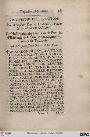 Vingtième dissertation: Par Monsieur François Graverol, Avocg & Academicien de Nismes