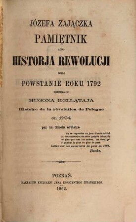 Józefa Zajączka Pamiętnik albo Historja rewolucji : czyli powstanie roku 1792