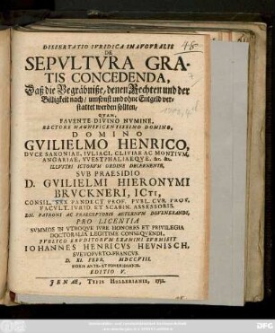 Dissertatio Ivridica Inavgvralis De Sepvltvra Gratis Concedenda