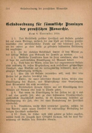 Gesindeordnung für sämmtliche Provinzen der preußischen Monarchie. Vom 8. November 1810.