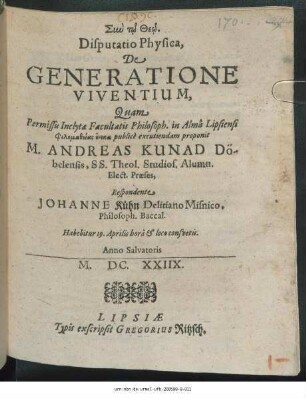 Disputatio Physica, De Generatione Viventium
