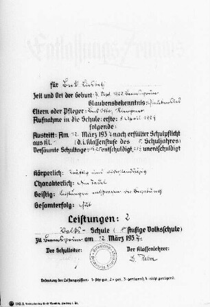 Entlassungs-Zeugnis von Lisbeth Beck, nach 8 Jahren Volksschule vom 12. März 1937 - Deckblatt : Entlassungs-Zeugnis von Lisbeth Beck