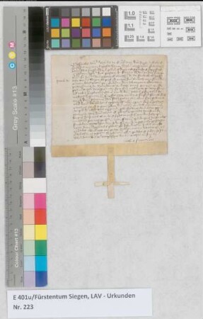 Investitur-Dekret für den neuen Pfarrer. Die Investitur geschieht durch den Offizial des Grafen Rupert von Solms, Kustos der Domkirche und Propstes zu S. Stephan in Mainz.