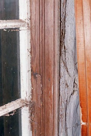 Hörn 23: Hofanlage: Fachwerkdurchfahrtshaus von 1753: in Verfall: Innenansicht, Detailaufnahme: Sprossenfenster, Fensterrahmen, Beschlag